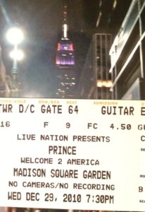 Our ticket to the show at Madison Square Garden. They lit up the Empire State Building in purple.